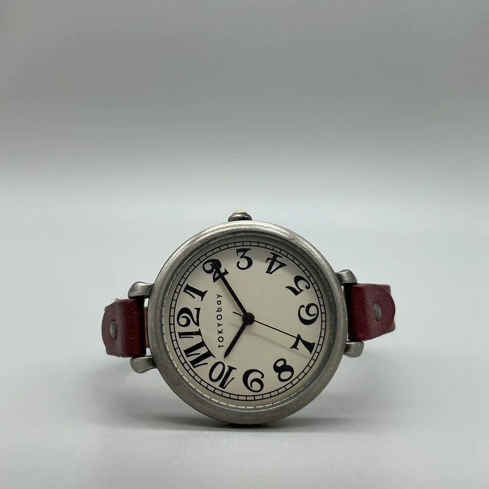 TOKYObay Womens Watch 35mm Silver Tone Cream Dial Red Leather Band New Battery